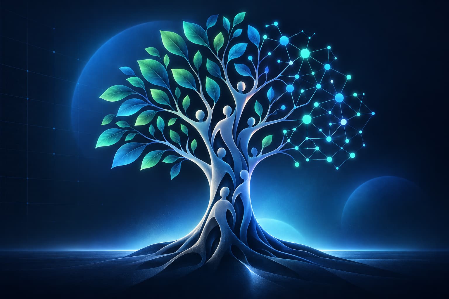 Árbol conceptual con siluetas humanas y una copa que conecta hojas con nodos de inteligencia artificial.
