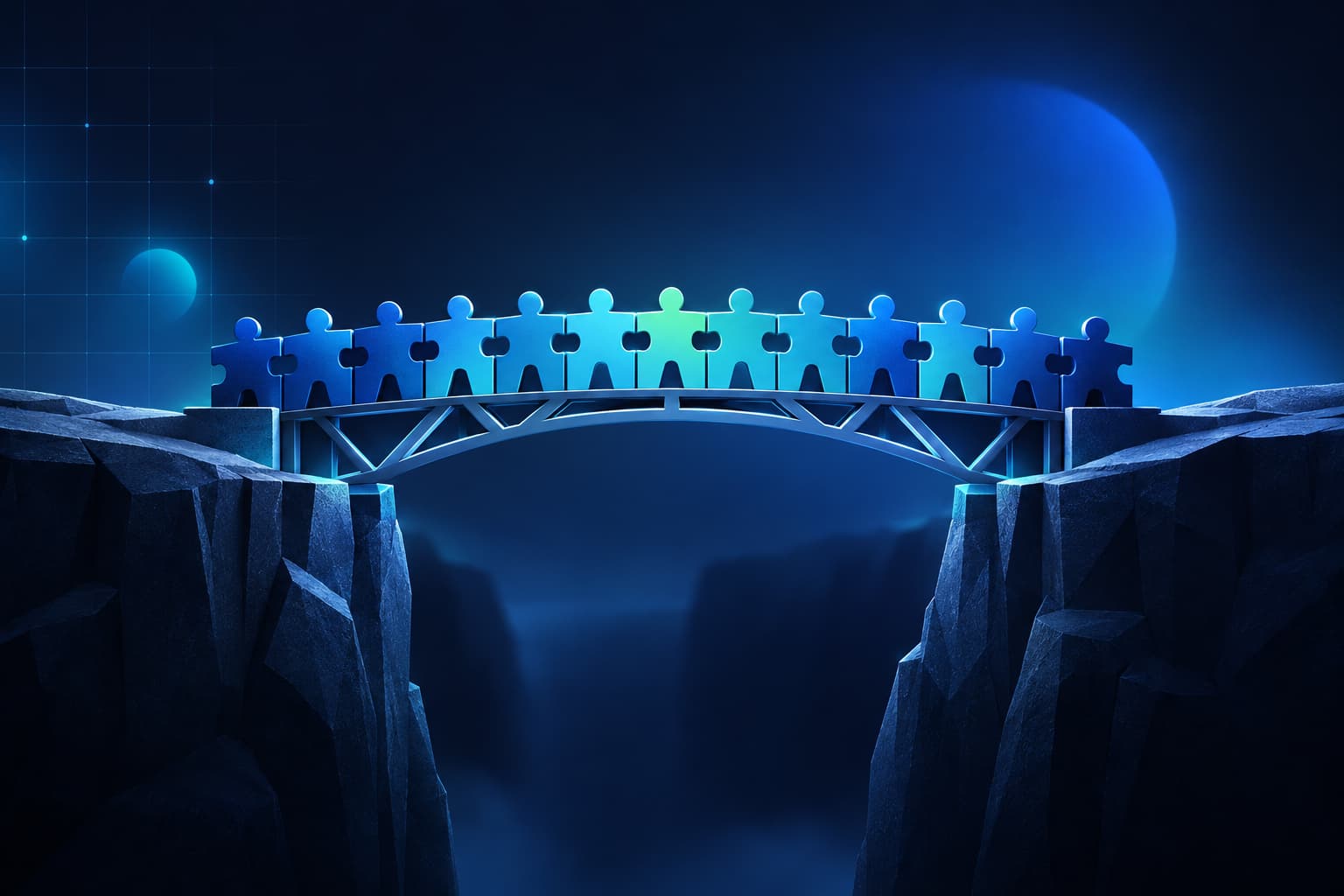 Puente formado por figuras humanas sobre una estructura ordenada, símbolo de rigor y profesionalización en Recursos Humanos.