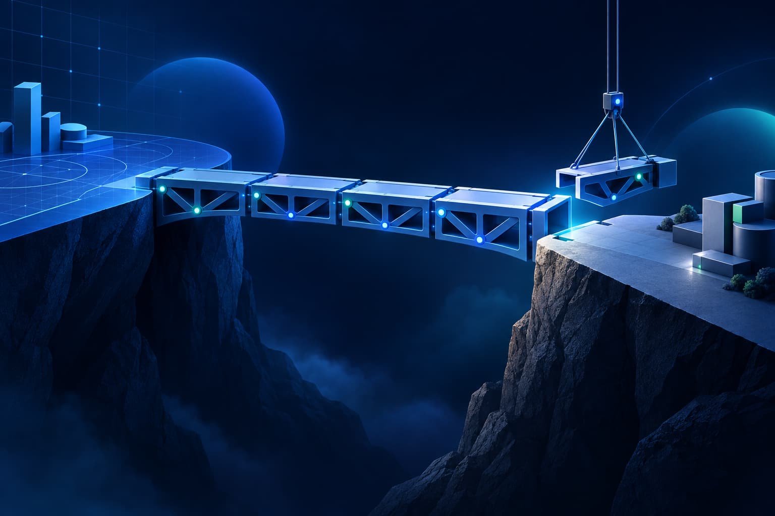 Puente modular en construcción que simboliza el paso del diagnóstico de RRHH a soluciones implementadas en el contexto real.
